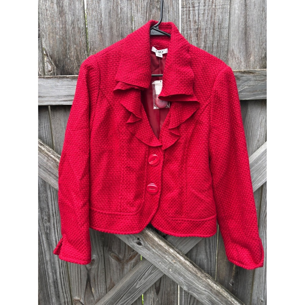 Cato Red Textured Ruffle Collar Blazer Jacket Size 12 Basketweave Lined